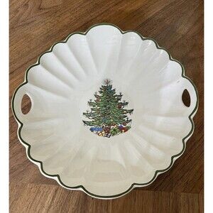 Rare Vintage Cuthbertson Christmas Tree 2 Handled Chip Dish England